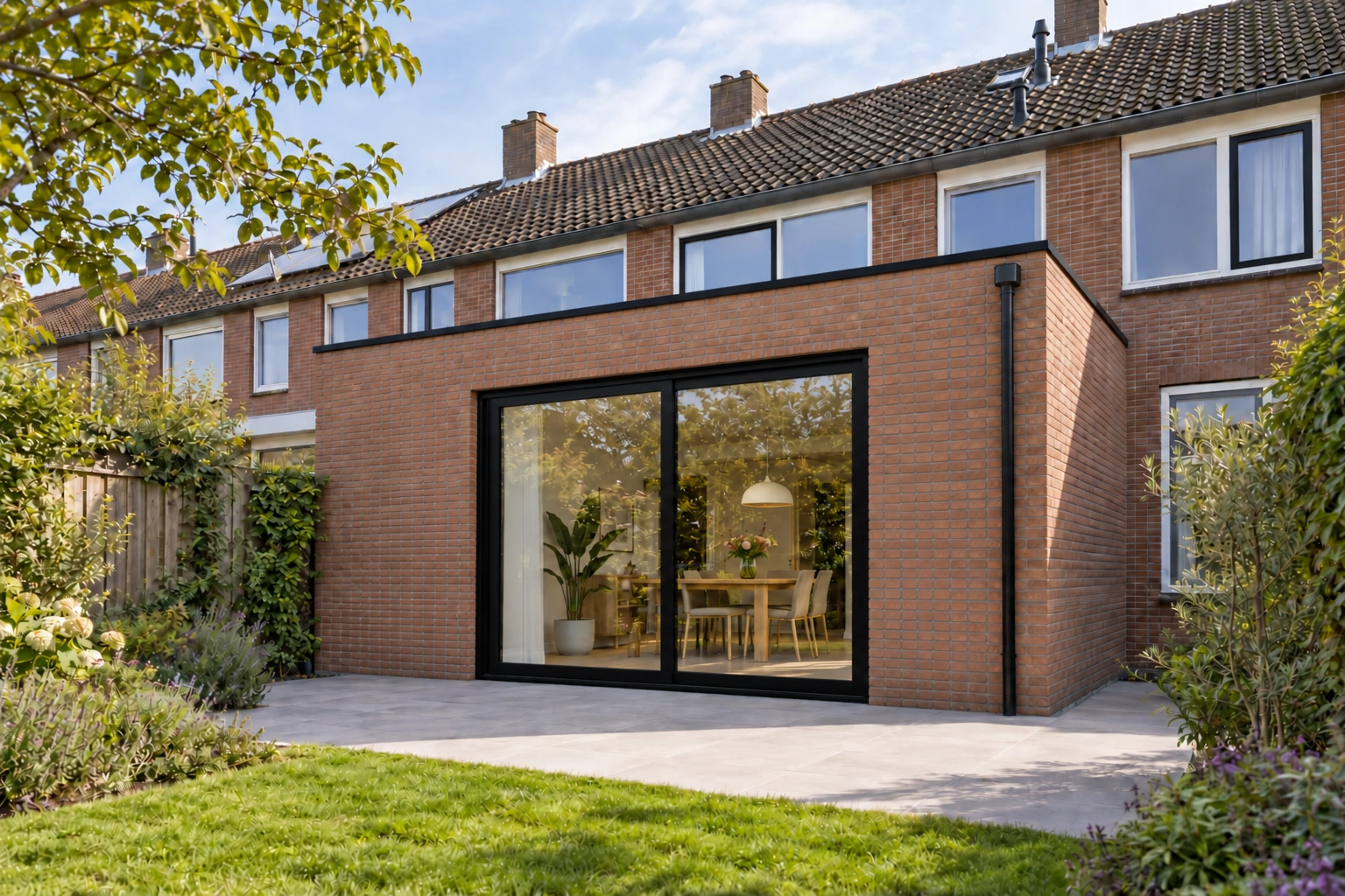 Sfeerimpressie van een aanbouw; uitvoering en maatvoering kunnen afwijken