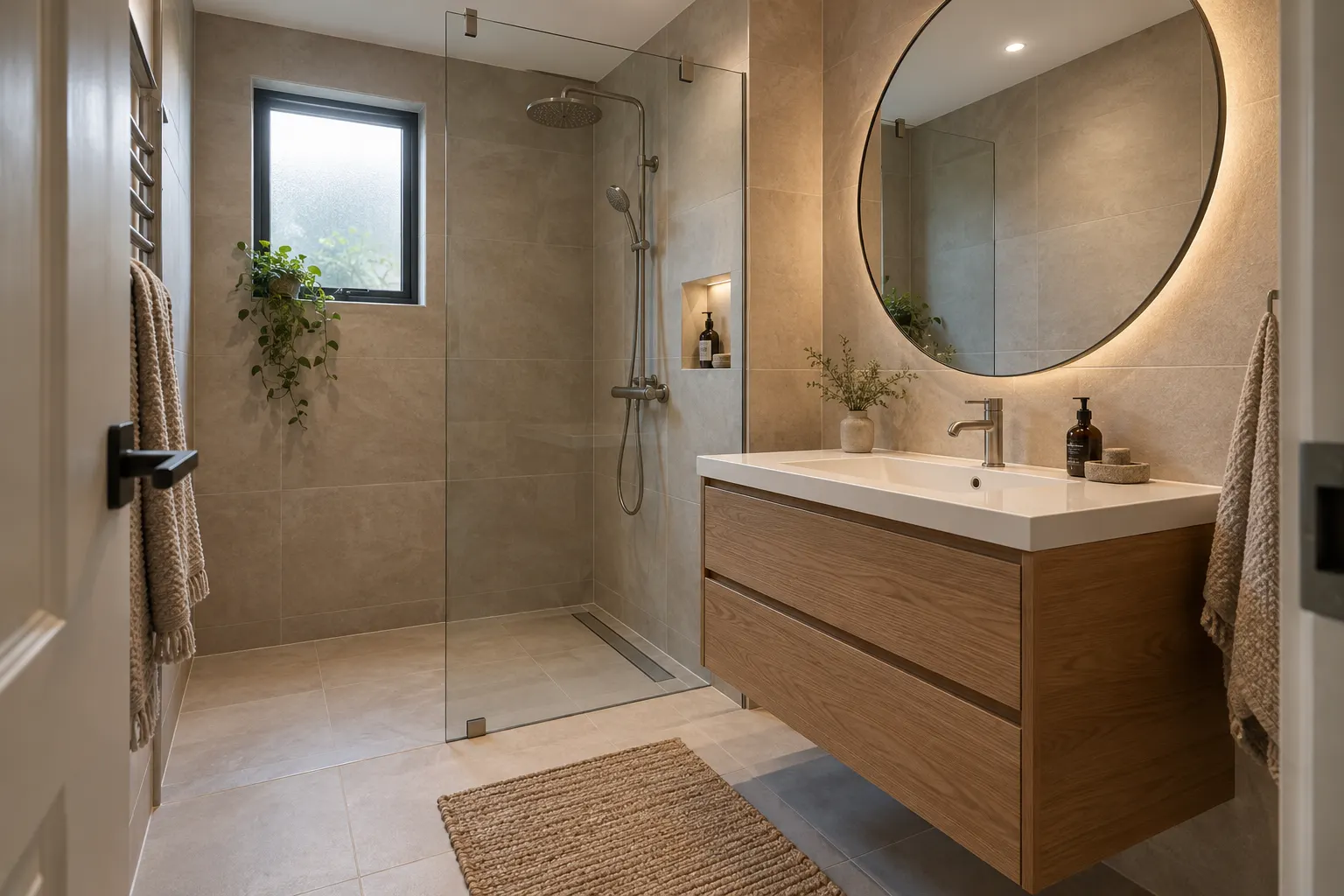 Lichte badkamer met beige tegels, ronde spiegel en zwevend wastafelmeubel