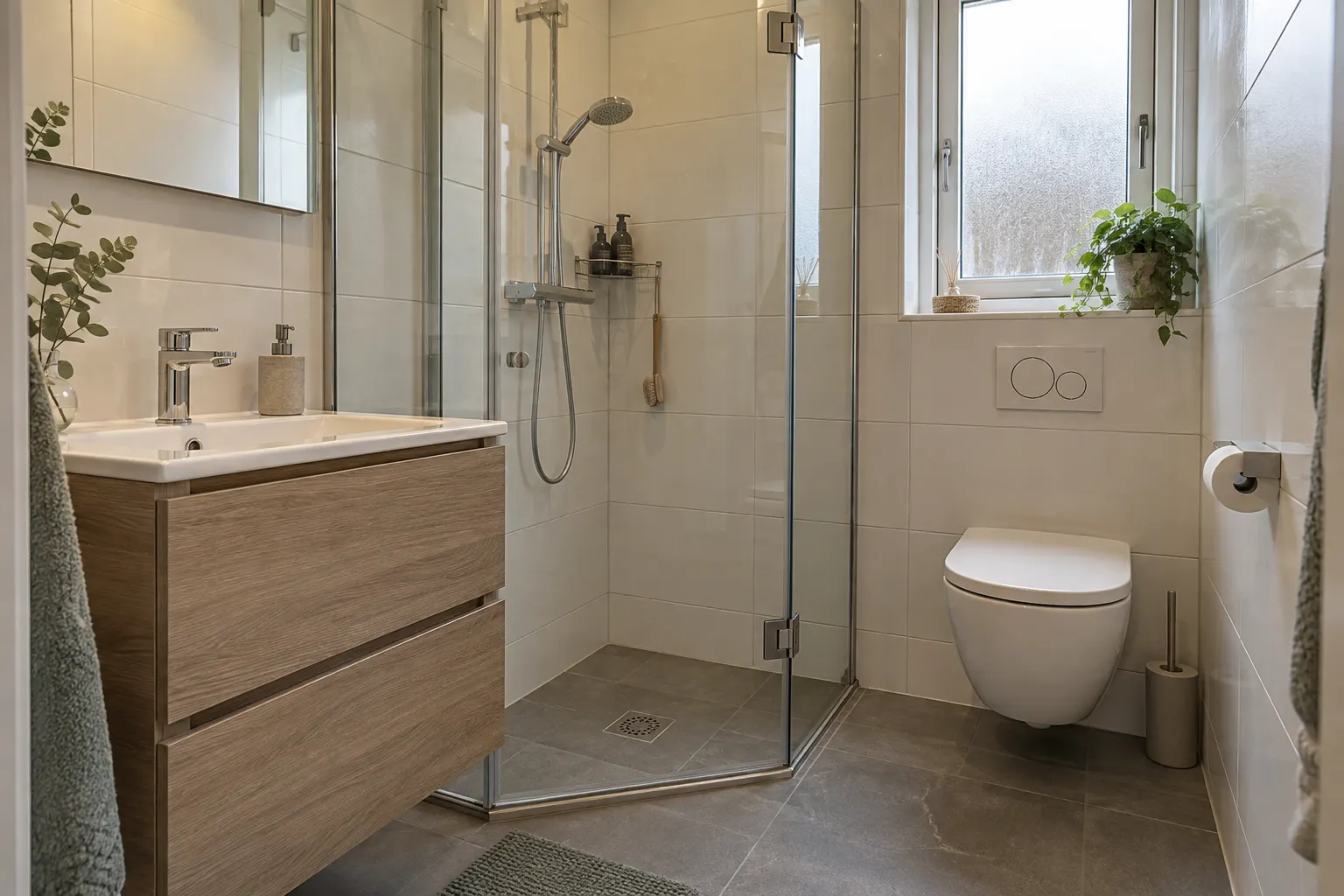 Compacte badkamer met inloopdouche, hangtoilet en wastafelmeubel
