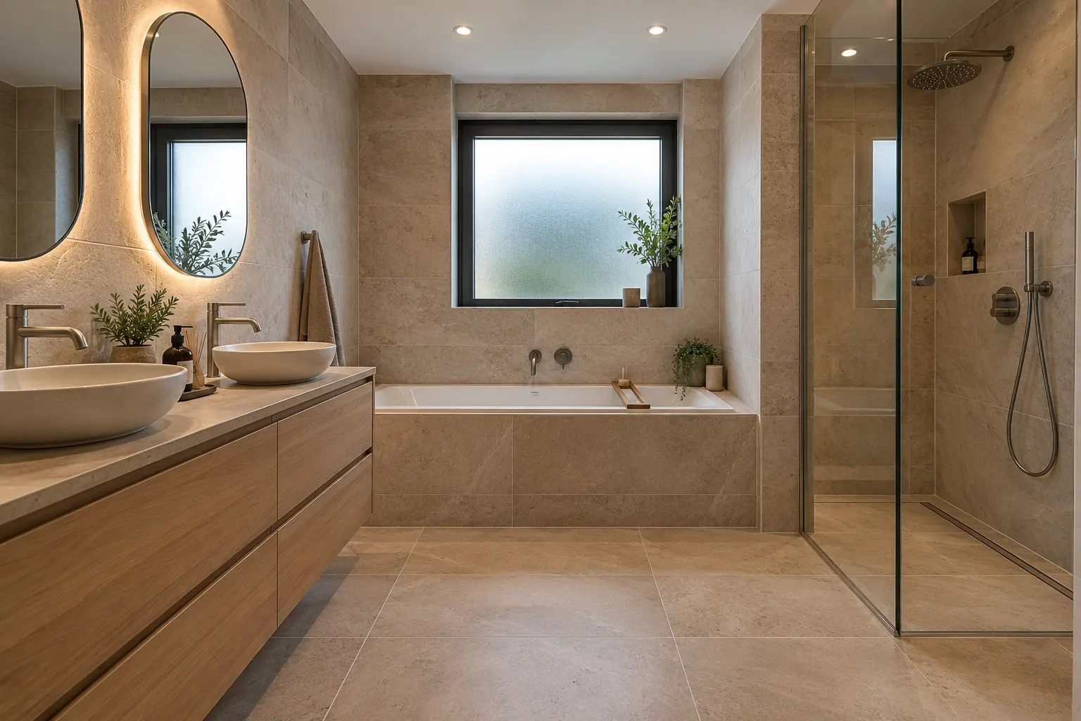 Badkamer met beige tegelwerk, dubbele wastafel en inloopdouche