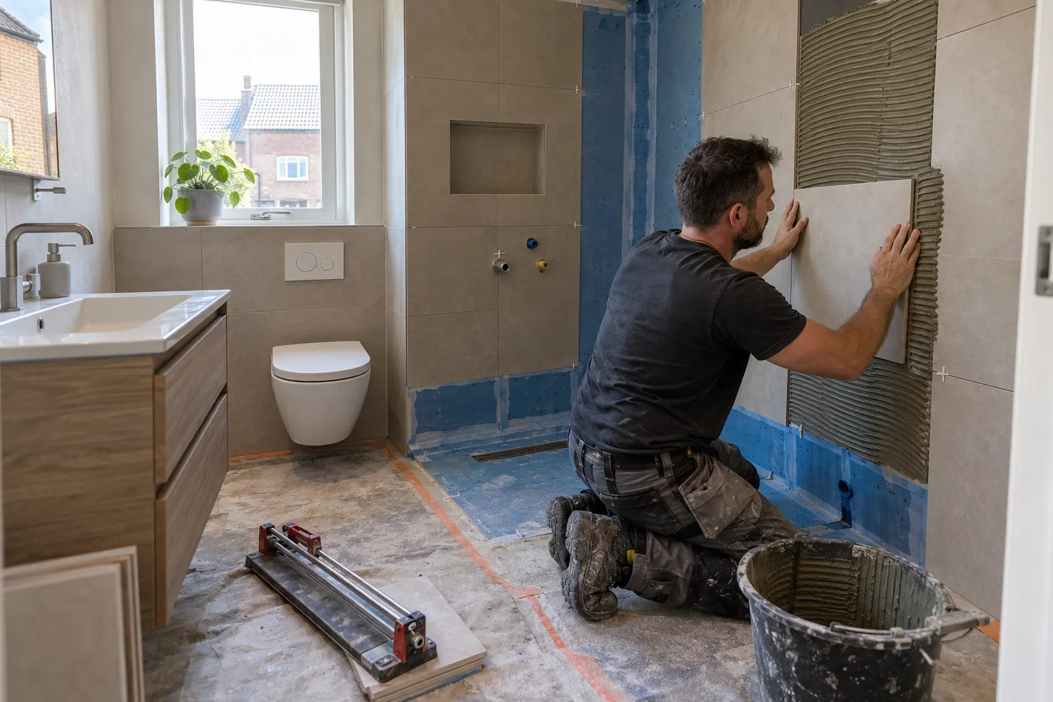 Tegelzetter tegelt een wand in een badkamer in renovatie