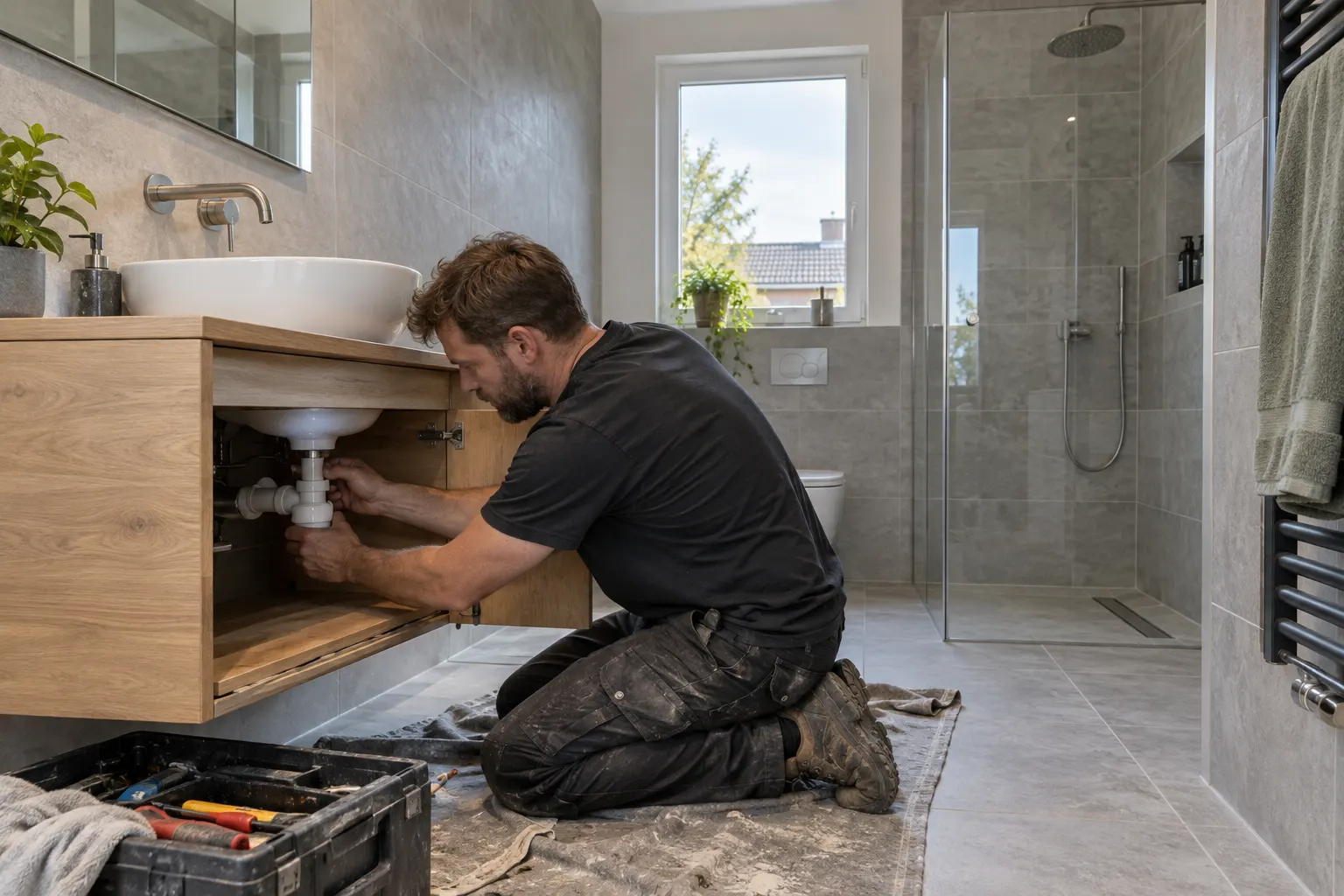 Installateur sluit de afvoer van een wastafelmeubel aan