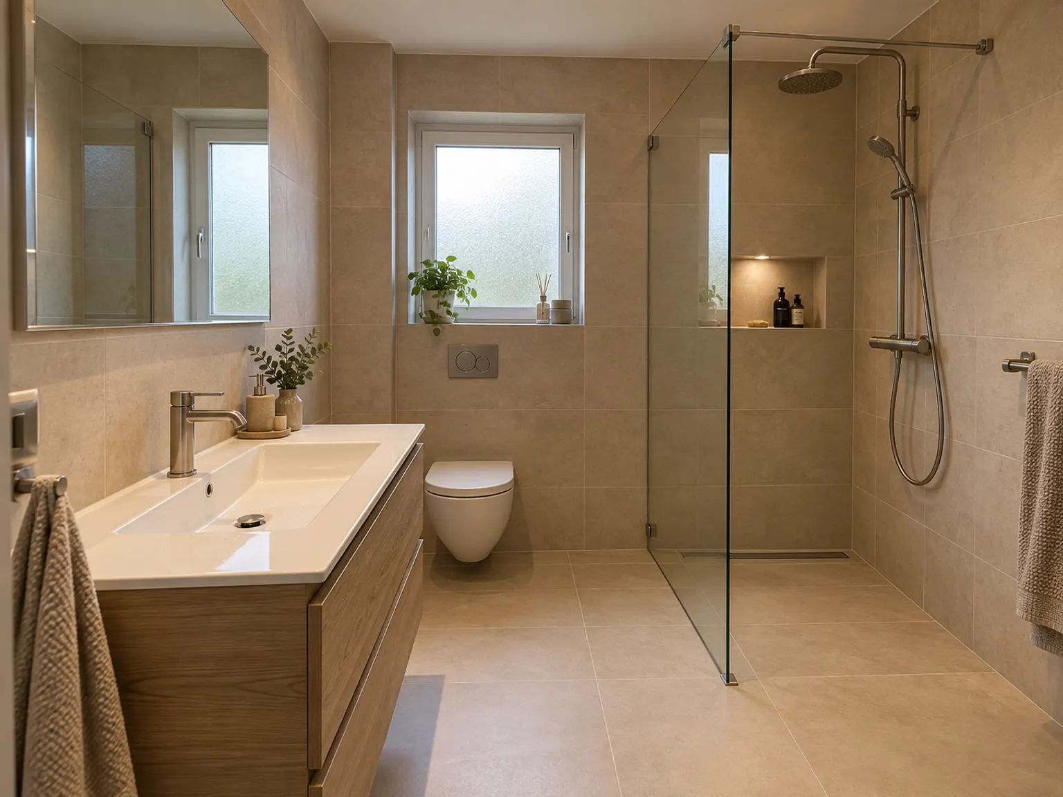 Badkamer met beige tegels, inloopdouche met glazen wand en houten meubel