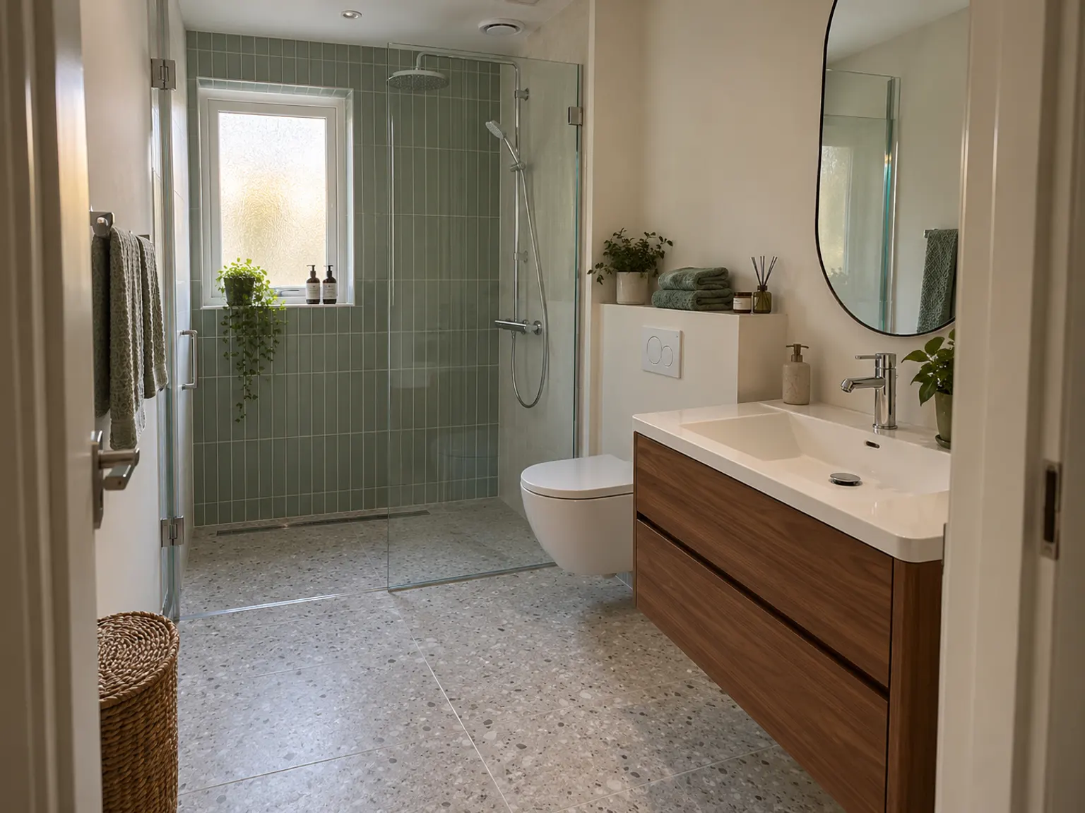 Lichte badkamer met hangtoilet, houten meubel en ronde spiegel