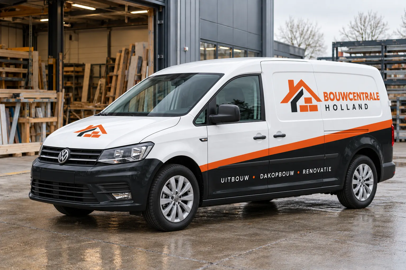 Bedrijfsbus van Bouwcentrale Holland in de werkplaats