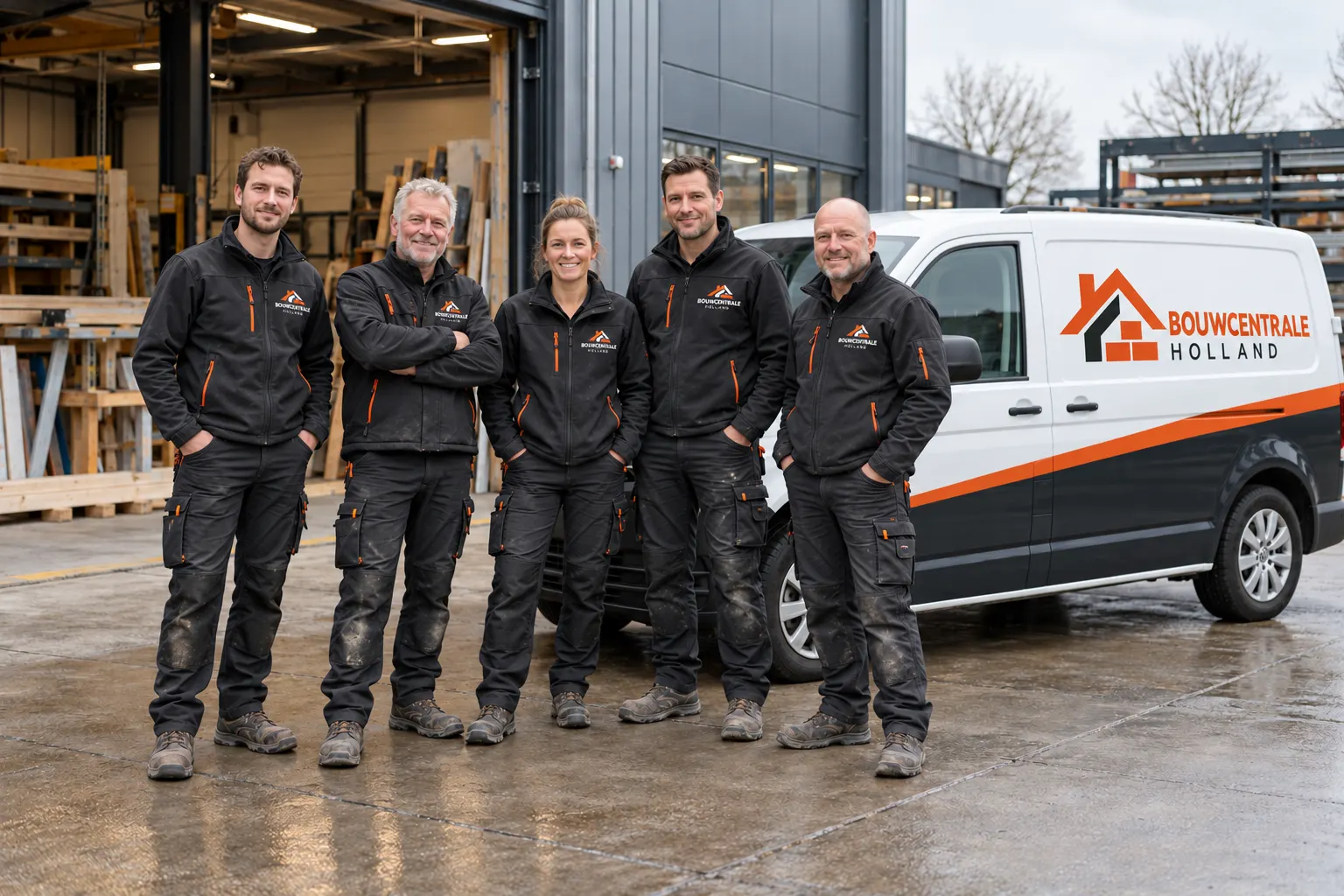 Het team van Bouwcentrale Holland in werkkleding voor de bedrijfsbus