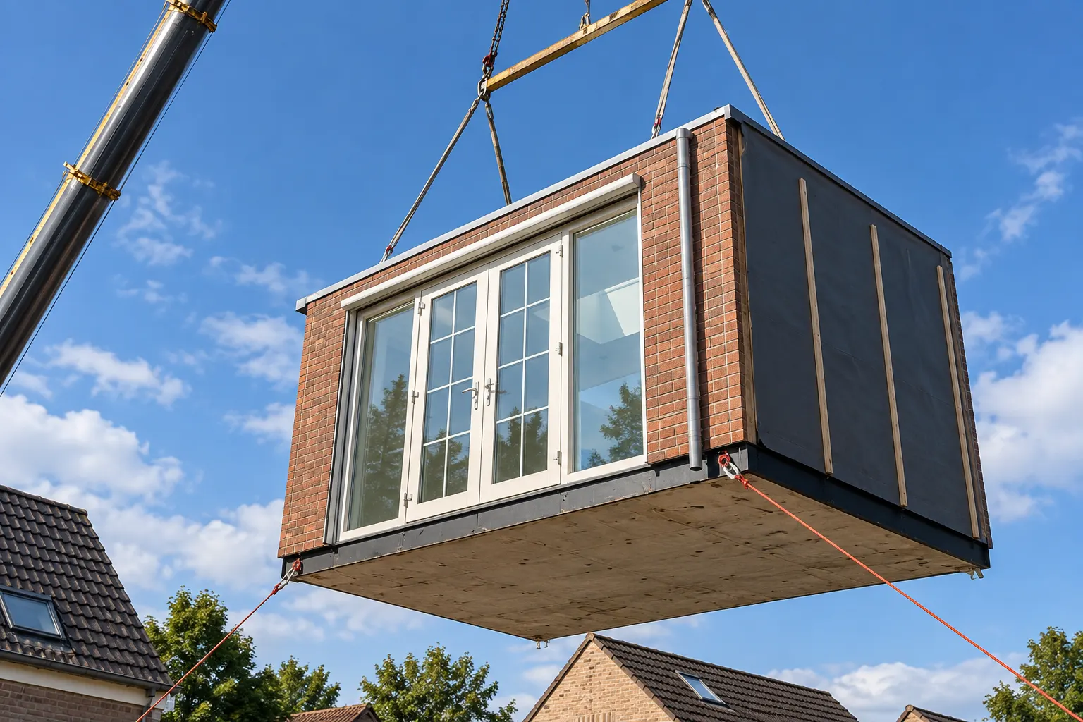 Prefab dakkapel in baksteenlook wordt boven de woning gehesen