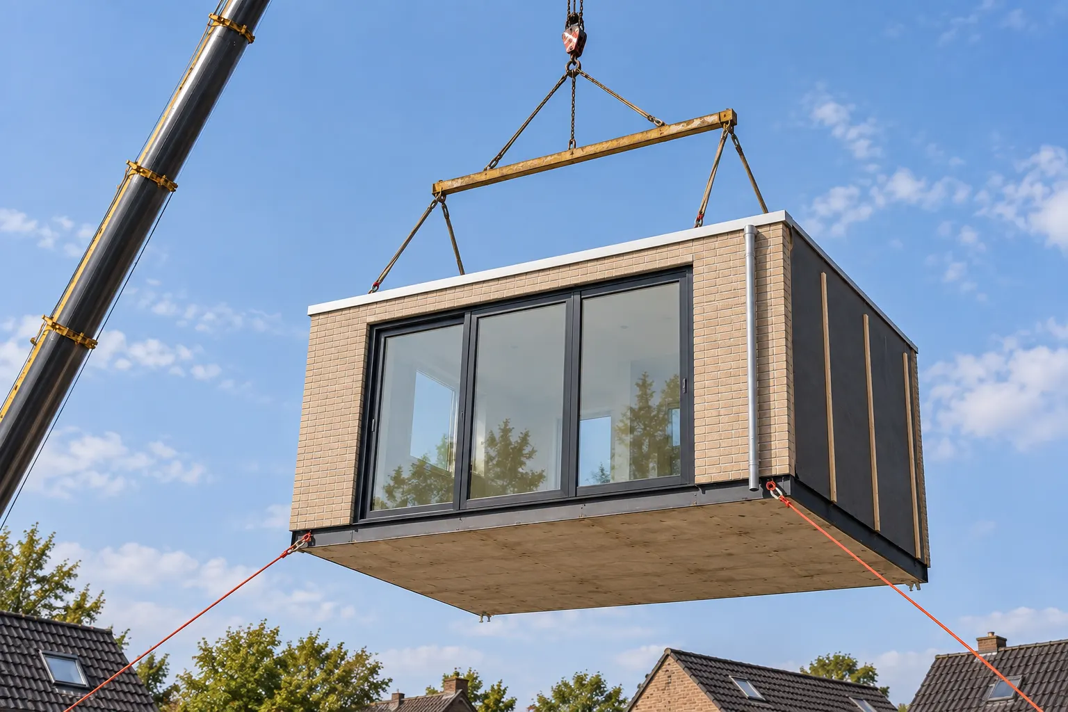 Prefab dakkapel met lichte gevelbekleding wordt met de kraan geplaatst