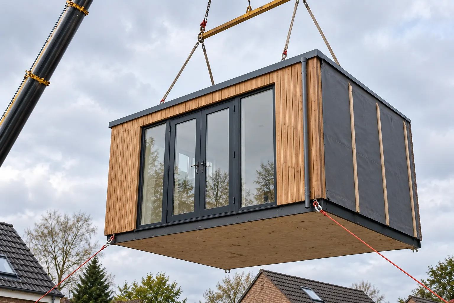 Prefab dakkapel met houten gevelbekleding aan de hijsbanden