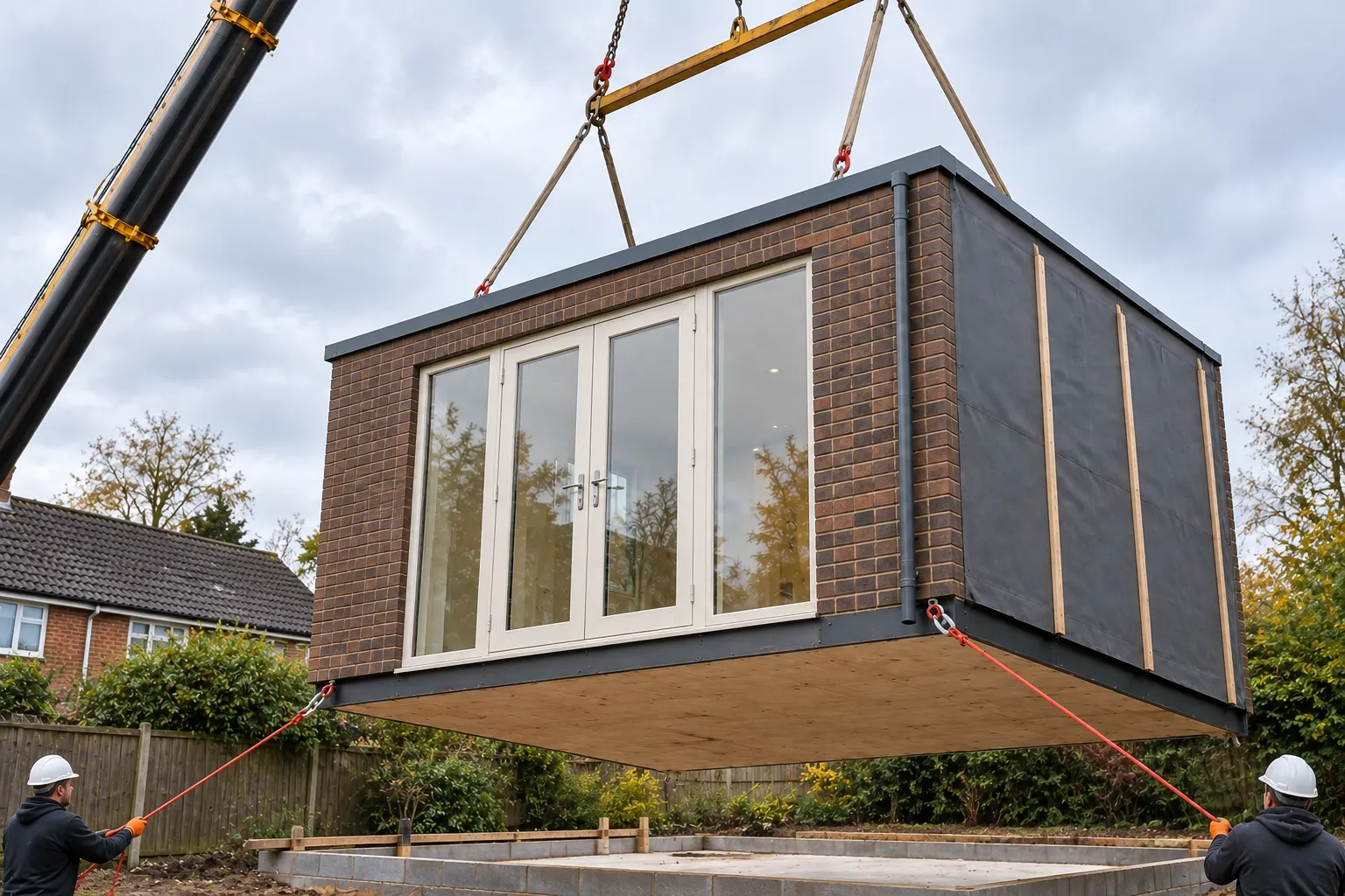 Prefab dakkapel met antraciet zijwangen hangt aan de kraan boven de daken