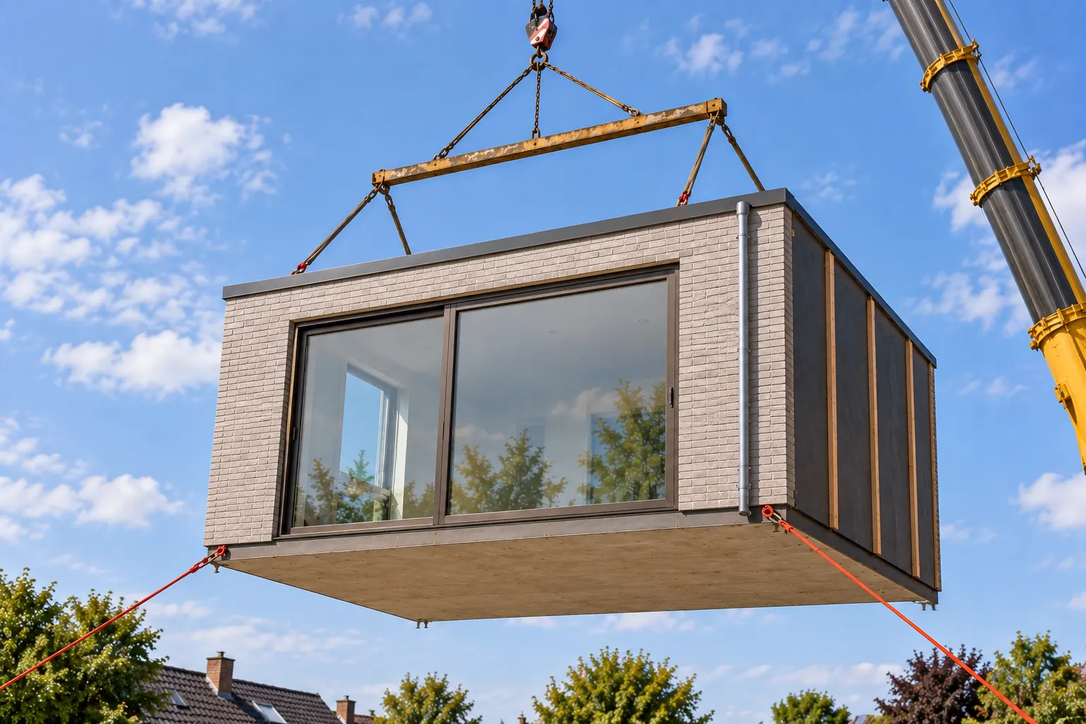Prefab dakkapel met lichte houten bekleding hangt aan de kraan