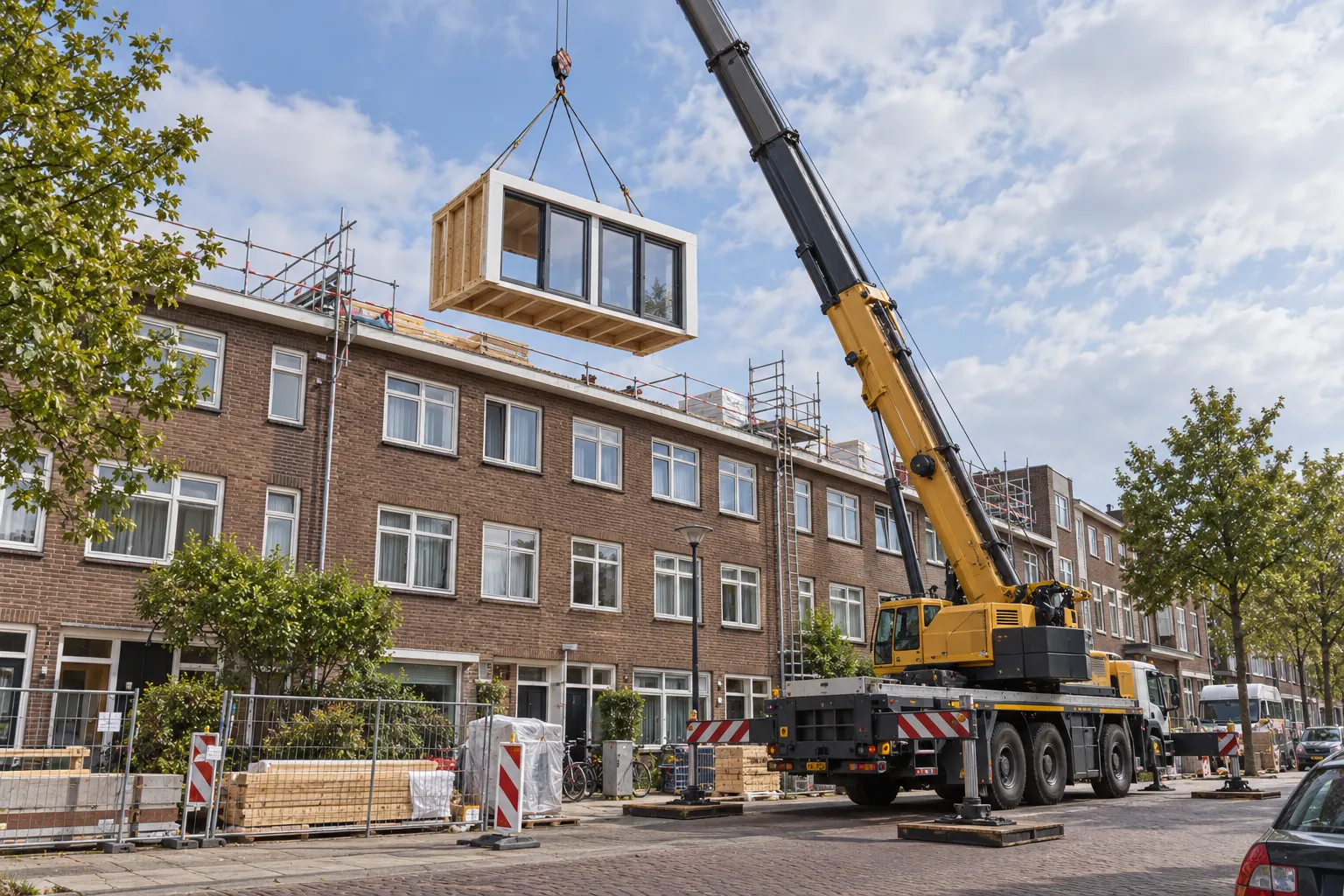 Prefab dakopbouw wordt met een telekraan op een rijwoning gehesen