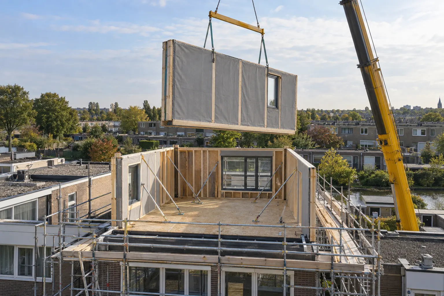 Prefab wandelement van een dakopbouw hangt aan de kraan boven het dak