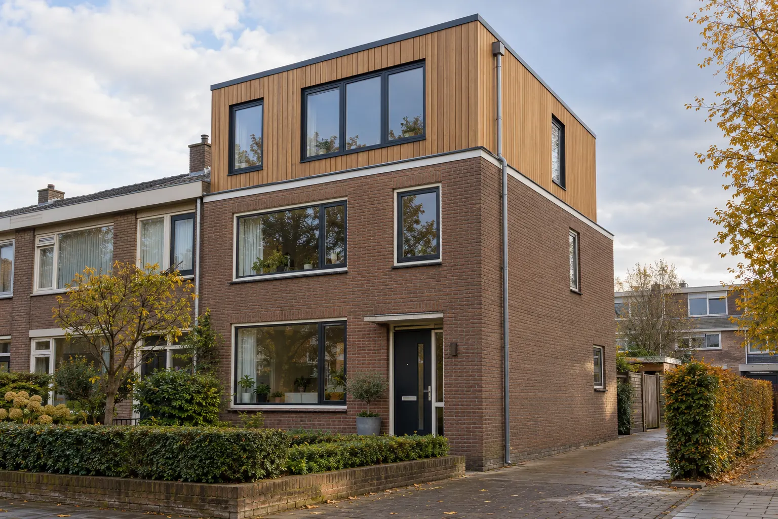 Dakopbouw met houten gevelbekleding op een hoekwoning met plat dak