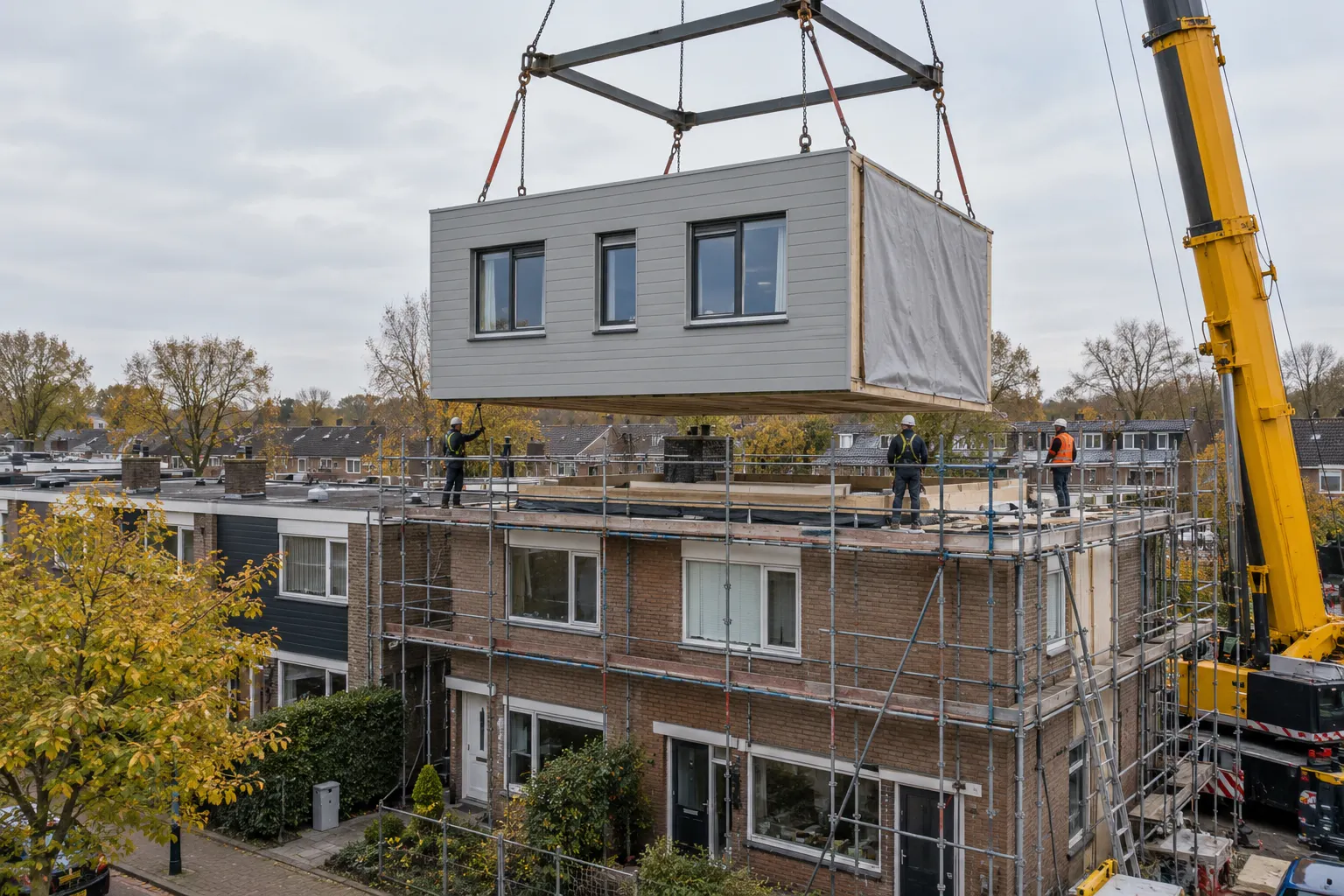 Prefab dakopbouwelement wordt boven een rijwoning op zijn plaats gehesen