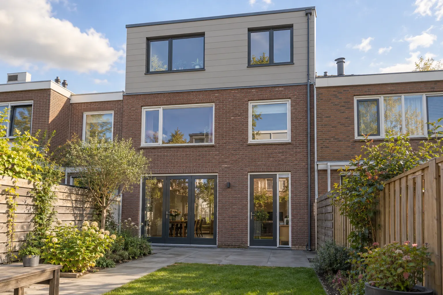 Achterkant van een rijwoning met een dakopbouw in lichte gevelbekleding en grote raampartijen