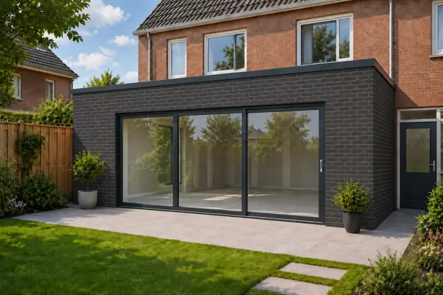 aanbouw in antraciet metselwerk met grote glazen schuifpui