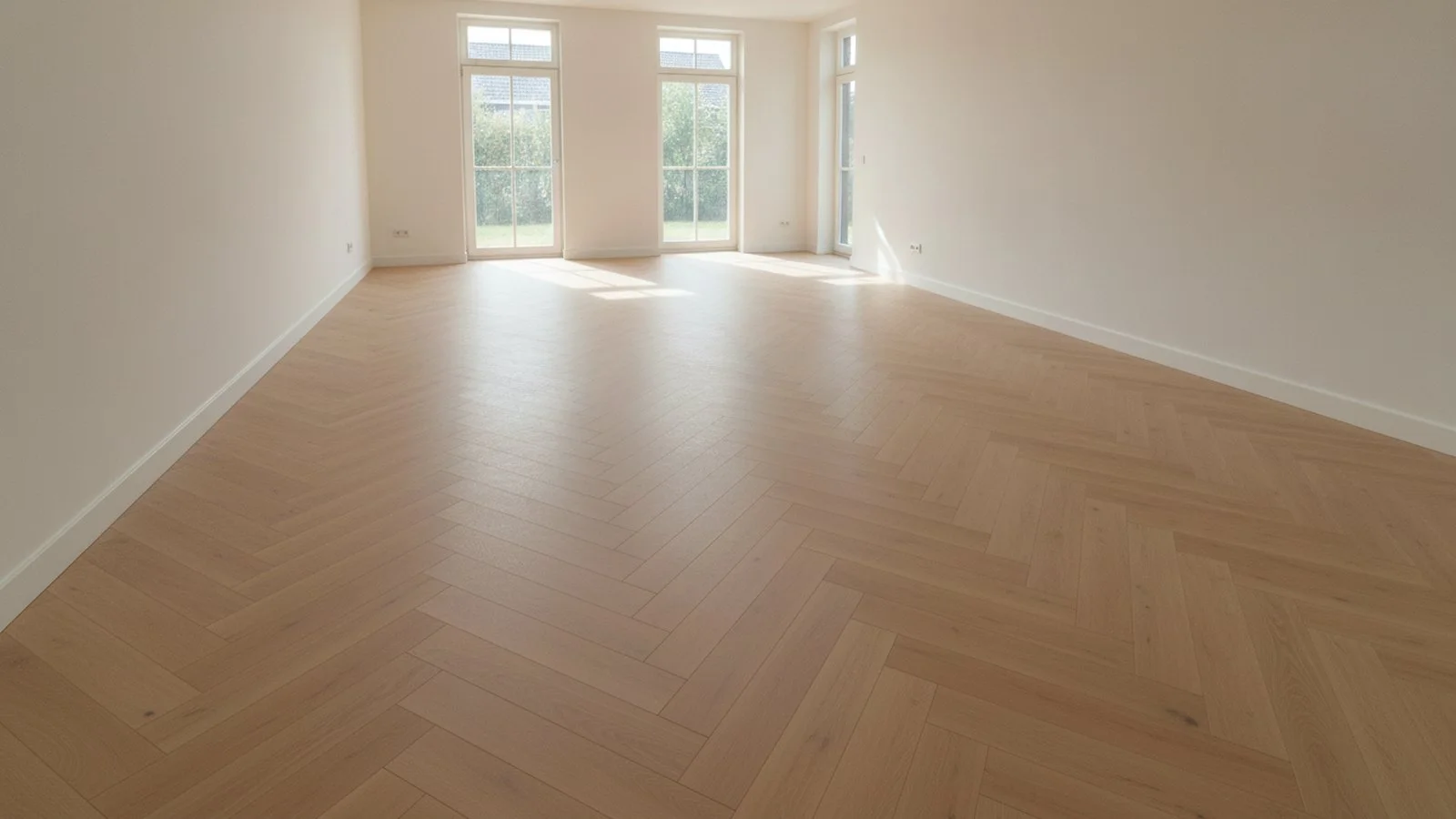PVC-vloer in visgraatpatroon met naturel eikendessin in een lichte woonkamer