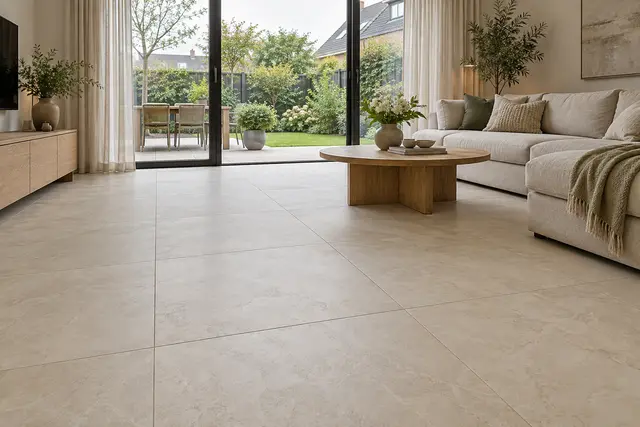 Gerenoveerde woonkamer met lichte tegelvloer en schuifpui naar de tuin