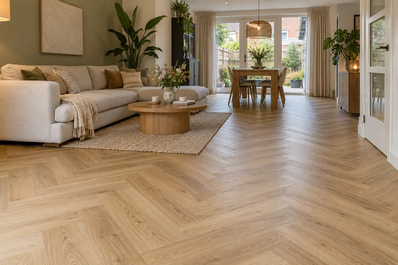 PVC-vloer in visgraatpatroon met eikendessin in een lichte woonkamer