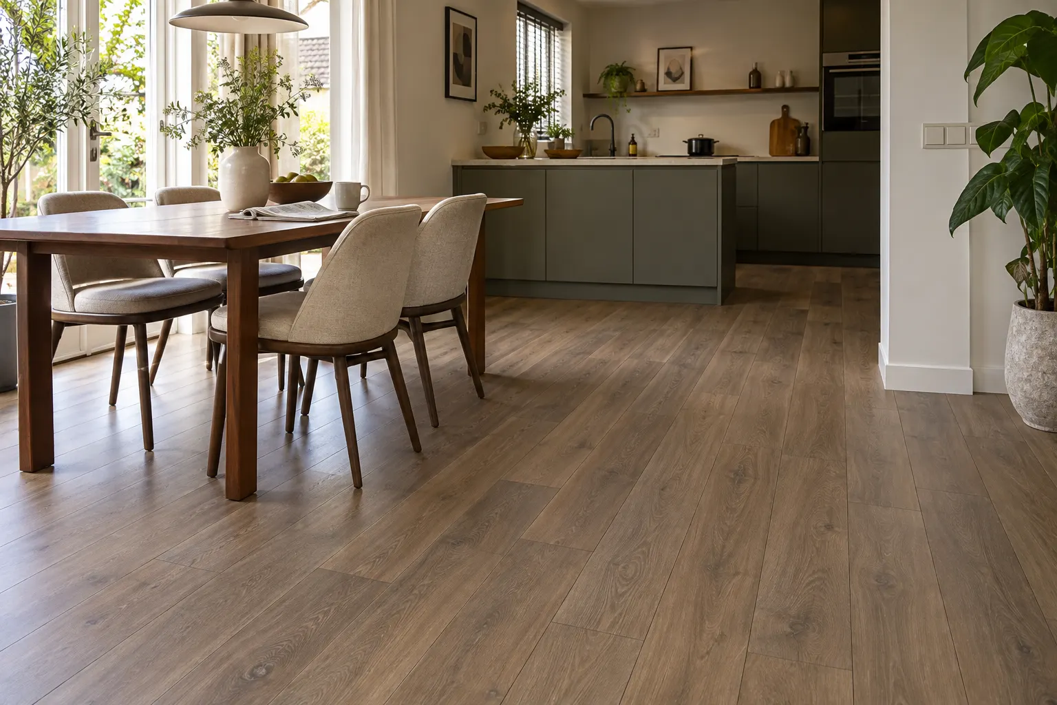 PVC-vloer met brede planken in een open woonkeuken