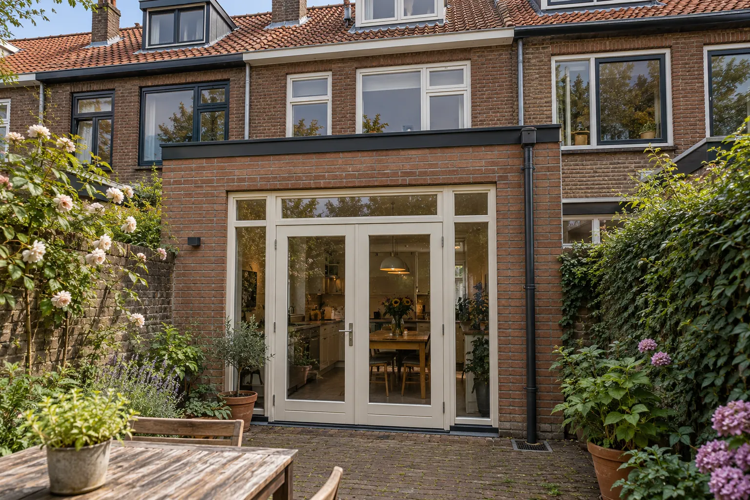 uitbouw in rood metselwerk met witte openslaande tuindeuren